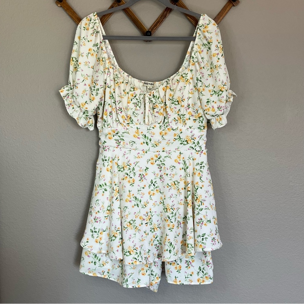Inspired Hearts Floral Romper Dress - Cream Pink Yellow and Green size Large